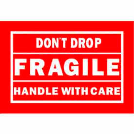 Paper Labels w/ "Don't Drop Fragile Handle w/ Care" Print, 6"L x 4"W, Red & White, Roll of 500