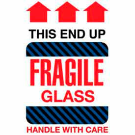 Paper Labels with "Fragile Glass This End Up" Print, 4"L x 6"W, White/Red/Black/Blue, Roll of 500