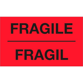 "Fragile" Print Bilingual Labels, 5"L x 3"W, Fluorescent Red, Roll of 500
