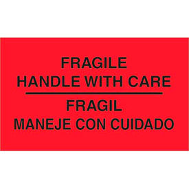 "Fragile Handle w/ Care" Print Bilingual Labels, 5"L x 3"W, Fluorescent Red, Pack of 500