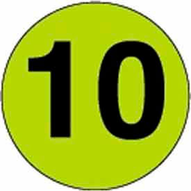 2" Dia. Round Paper Labels w/ "10" Print, Fluorescent Green & Black, Roll of 500