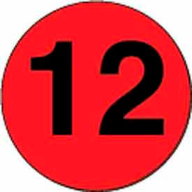2" Dia. Round Paper Labels with "12" Print, Fluorescent Red & Black, Roll of 500