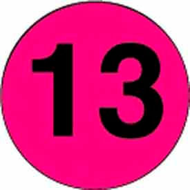 2" Dia. Round Paper Labels w/ "13" Print, Fluorescent Pink & Black, Roll of 500