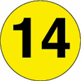 2" Round Paper Labels with "14" Print, Bright Yellow & Black, Roll of 500