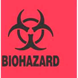 Paper Labels w/ "Biohazard" Print, 4"L x 4"W, Fluorescent Red & Black, Roll of 500