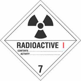 Radioactive I" Hazard Class 7 Labels, 4"L x 4"W, White/Red/Black, Roll of 500