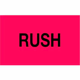 Paper Labels w/ "Rush" Print, 3"L x 2"W, Fluorescent Red & Black, Roll of 500