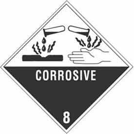 Corrosive" Hazard Class 8 Labels, 4"L x 4"W, White & Black, Roll of 500