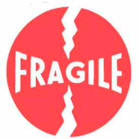 Paper Labels w/ "Fragile Circle" Print, 4"L x 4"W, White & Red, Roll of 500
