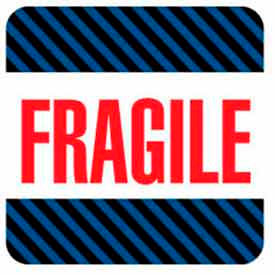 Paper Labels w/ "Fragile" Print, 4"L x 4"W, Black/Blue/Red/White, Roll of 500