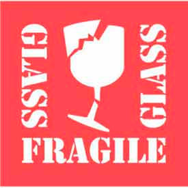 Paper Labels w/ "Glass Fragile" Print, 4"L x 4"W, White & Red, Roll of 500