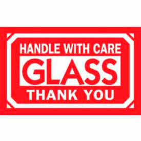 Paper Labels w/ "Glass Handle w/ Care Thank You" Print, 5"L x 3"W, White & Red, Roll of 500