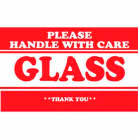 Paper Labels w/ "Glass Please Handle w/ Care" Print, 3"L x 2"W, White & Red, Roll of 500