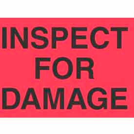 Paper Labels w/ "Inspect for Damage" Print, 5"L x 3"W, Fluorescent Red & Black, Roll of 500