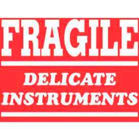 Paper Labels w/ "Fragile Delicate Instrument" Print, 4"L x 3"W, Red & White, Roll of 500