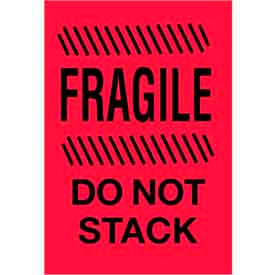 Paper Labels w/ "Fragile Do Not Stack" Print, 6"L x 4"W, Fluorescent Red & Black, Roll of 500