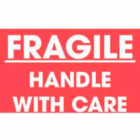 Paper Labels w/ "Fragile Handle w/ Care" Print, 3"L x 2"W, Red & White, Roll of 500