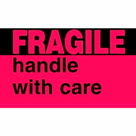Paper Labels w/ "Fragile Handle w/ Care" Print, 5"L x 3"W, Fluorescent Red & Black, Roll of 500