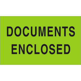 Paper Labels w/ "Documents Enclosed" Print, 5"L x 3"W, Fluorescent Green & Black, Roll of 500