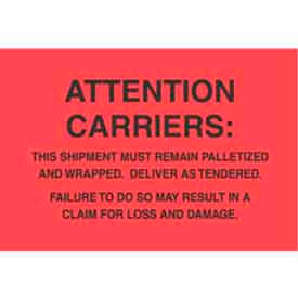 Paper Labels w/ "Attention Carriers" Print, 6"L x 4"W, Fluorescent Red & Black, Roll of 500
