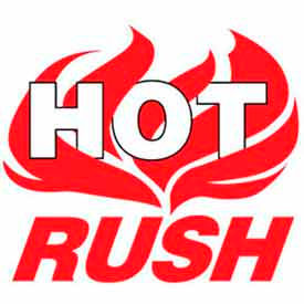 Paper Labels w/ "Hot Rush" Print, 4"L x 4"W, White & Red, Roll of 500
