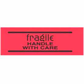 Paper Labels w/ "Fragile Handle w/ Care" Print, 3"L x 2"W, Fluorescent Red, Roll of 500