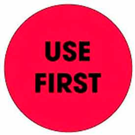 2" Dia. Round Paper Labels w/ "Use First" Print, Fluorescent Red & Black, Roll of 500