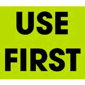 Paper Labels w/ "Use First" Print, 3"L x 2"W, Fluorescent Green & Black, Roll of 500