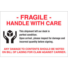 Paper Labels w/ "Fragile Handle w/ Care" Print, 6"L x 4"W, White/Red/Black, Roll of 500