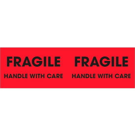 Paper Labels w/ "Fragile Handle w/ Care" Print, 3"L x 10"W, Fluorescent Red, Roll of 500
