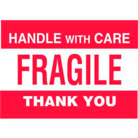Paper Labels w/ "Handle w/ Care Fragile Thank You" Print, 6"L x 4"W, White & Red, Roll of 500