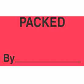 Paper Labels w/ "Packed By" Print, 5"L x 3"W, Fluorescent Red & Black, Roll of 500