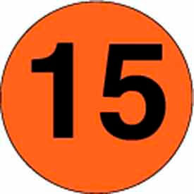 2" Round Paper Labels w/ "15" Print, Fluorescent Orange & Black, Roll of 500