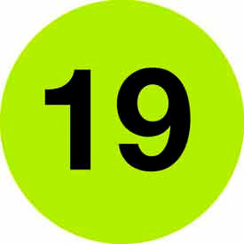 2" Dia. Round Paper Labels w/ "19" Print, Fluorescent Green & Black, Roll of 500
