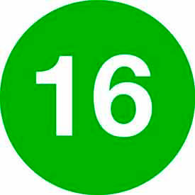 2" Diameter Round Paper Labels with "16" Print, Green and White, Roll of 500
