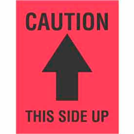 Paper Labels with "Caution This Side Up" Print, 4"L x 3"W, Fluorescent Red & Black, Roll of 500