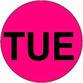 1" Dia. Round Paper Labels with "Tue" Print, Fluorescent Pink and Black, Roll of 500
