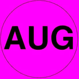 2" Dia. Round Paper Labels, "Aug" Print, Fluorescent Pink & Black, Roll of 500