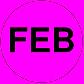 2" Dia. Round Paper Labels w/ "Feb" Print, Fluorescent Pink & Black, Roll of 500