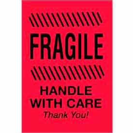 Labels w/ "Fragile Handle w/ Care Thank You" Print, 3"L x 2"W, Fluorescent Red, Roll of 500