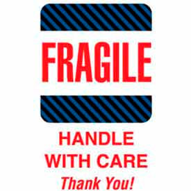 Paper Labels w/ "Fragile Handle w/ Care Thank You" Print, 4"L x 6"W, White/Black/Blue, Roll of 500