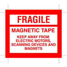 Paper Labels w/ "Fragile Magnetic Tape" Print, 4-3/4"L x 4"W, White & Red, Roll of 500