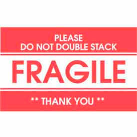 Labels w/ "Fragile Please Do Not Double Stack Thank You" Print, 5"L x 3"W, Red/White, Roll of 500
