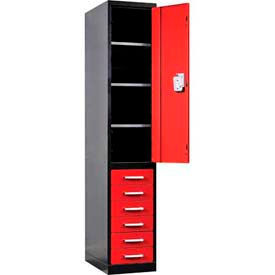Fort Knox 1-Tier 1 Door Locker with 6 Drawers, 24"Wx24"Dx78"H, Black/Red, All-Welded