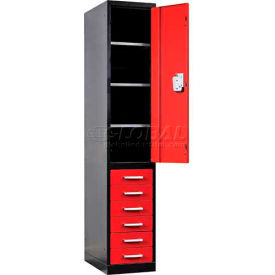 Fort Knox 1-Tier 1 Door Locker with 6 Drawers, 18"W x 24"D x 78"H, Black, All-Welded