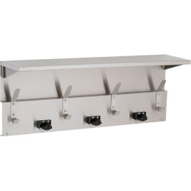 Mop/Broom Holder with Hooks & Shelf, Stainless, 34", 4 Hooks/3 Prongs