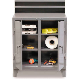 2 Person Cabinet Shop Desk, Riser, Padlockable Doors, 36"W x 28"D, Dark Gray