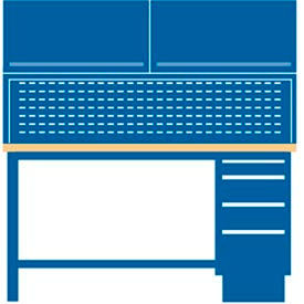 60x30x64.75 Cabinet & Leg workstation with 4 drawers, static riser shelf, 2 overhead cabinets, butcher block top