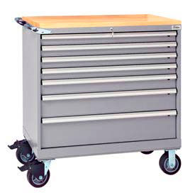 7 Drawer 40-1/4"W Shallow Depth Mobile Cabinet w/Butcher Top-Light Gray, Keyed Alike