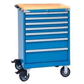 7 Drawer 24"W Shallow Depth Mobile Cabinet w/Butcher Block Top-Bright Blue, Keyed Alike